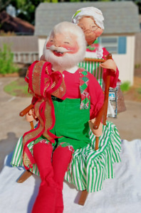 1966 27"H Anna Lee Santa & Mrs Claus Dolls w/Rocking Chair Christmas Vintage