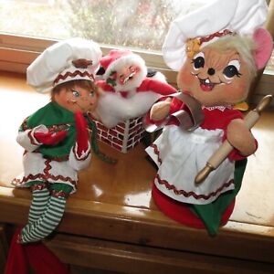 Christmas Annalee Dolls 3 doll lot Santa Claus in Chimney, Elf and a Chef Mouse