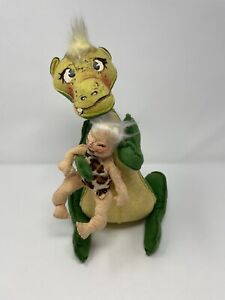Vintage Annalee 12” Plush Green Dinosaur Dragon With Caveman Soft Sculpture RARE