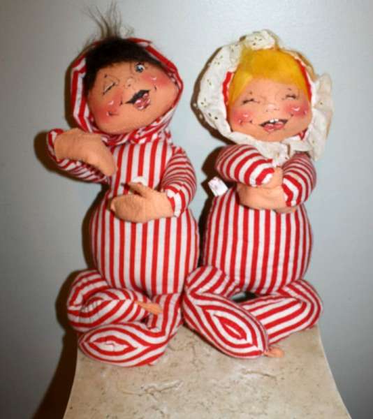 Vtg. Pair Annalee 1965 Christmas Boy/Girl Dolls 12" Striped Pajamas Poseable