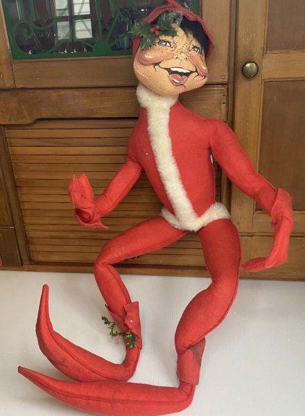 Vintage Annalee Christmas Elf Red Brown Hair Blue eyes Large Plush 28" Shelf