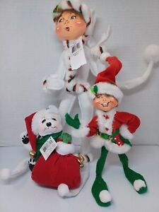 Annalee 14"White Peppermint Twist Elf + Jingle Bell Polar Bear + Red Elf Plush