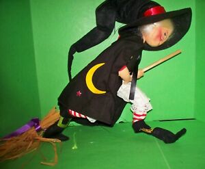 Vintage Annalee Doll Tall Flying Witch On Broom 1990 Halloween 18"