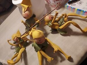 Vintage Annalee 1950's Yellow Elves 4 Total 1 Holding Broom AND 3 NO brooms 8 In