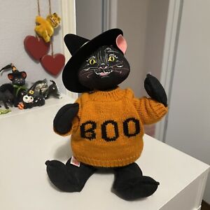 Annalee Mobilitee Halloween Scaredy Cat With Orange Boo Sweater Witch Cat 12”