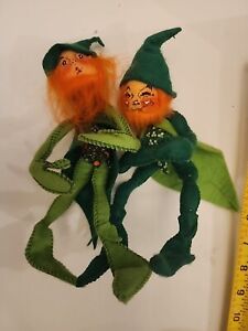RARE Annalee Doll 1971 Green Leprechaun with Red Beard and Grimace 8" Set Of Two