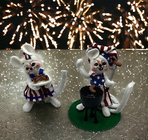 Set 2 Annalee 2008 Patriotic BBQ Picnic Mouse July 4th Doll Hot Dogs Mom & Dad
