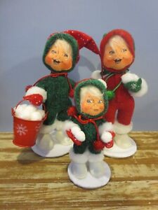 Lot of 3 Vintage 2007 Annalee 6" and (2) 9" Snowball Kids in Green and Red