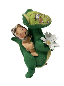 1981 Annalee Doll Mobilitee Green Dragon w/ Cave Bush Boy Baby Rider Flower VTG