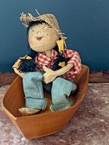 Early Annalee Cloth Doll with Straw Hat Sitting in Her Wood Boat / Woven Tag