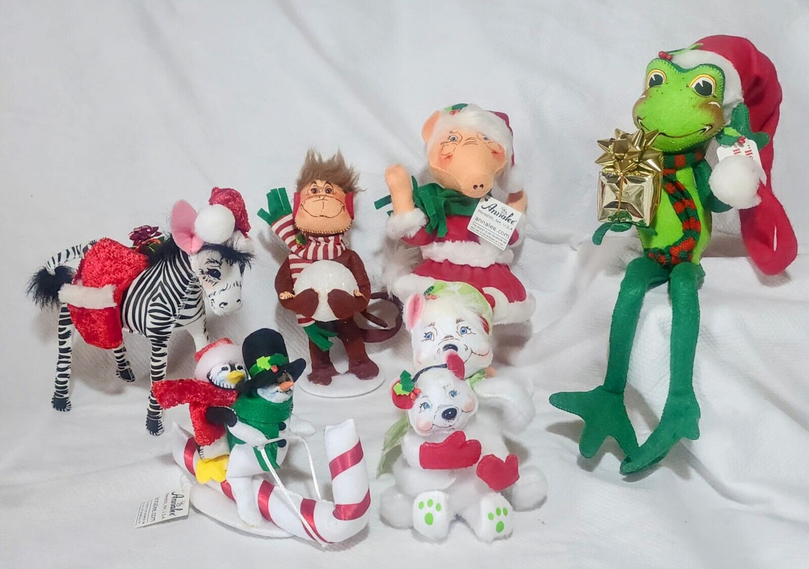 Lot Of 6 Annalee Christmas Dolls NWT Snowmen, Frog, Monkey, Bears, Zebra, Pig