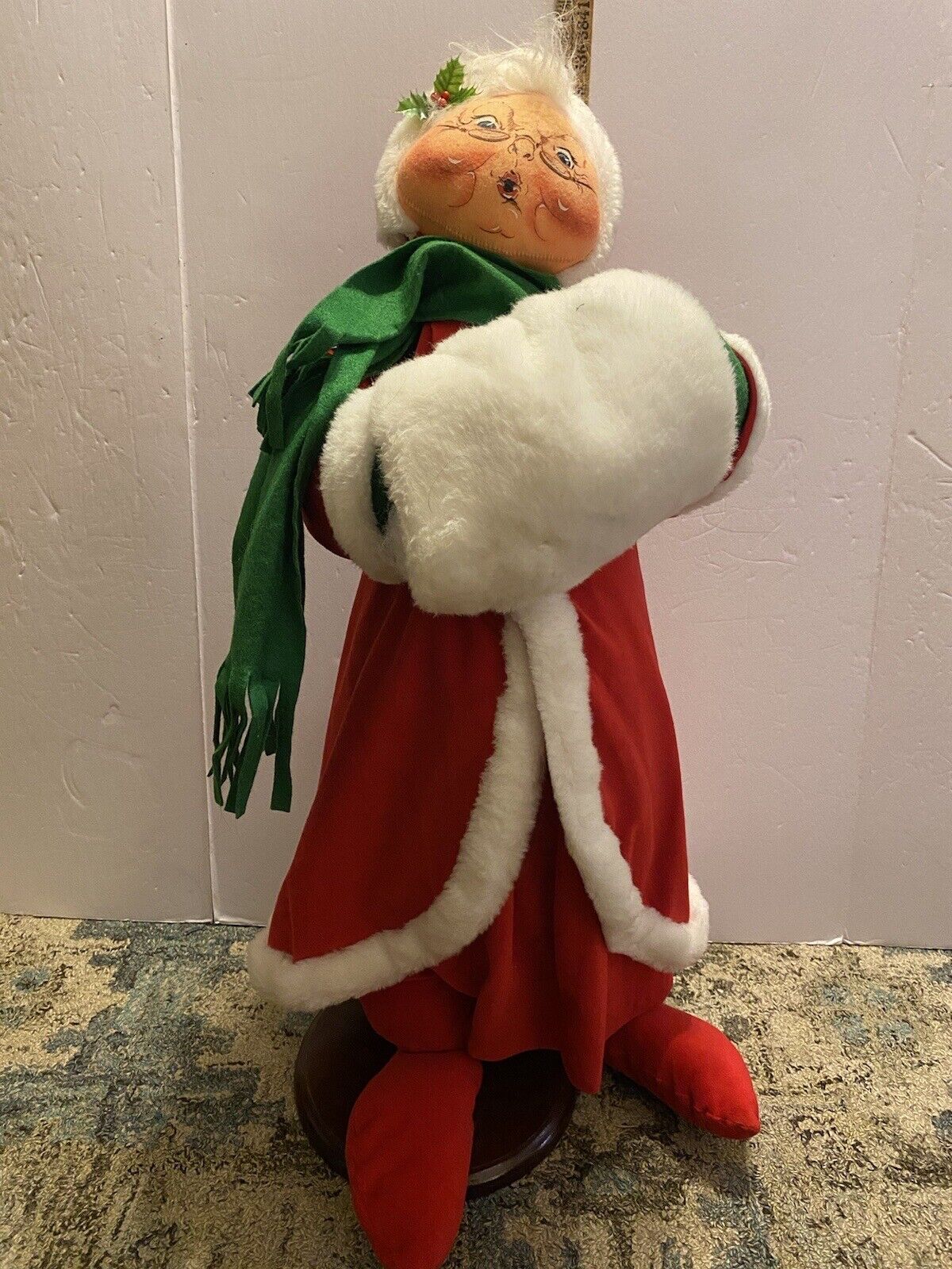 Vtg Large Annalee Doll Christmas Mrs. Claus With Muffs Stands Approx. 30" Base