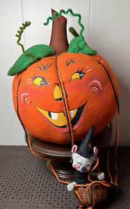 Annalee Halloween Pumpkin Balloon & Mouse Witch in Basket RARE! READ Below!