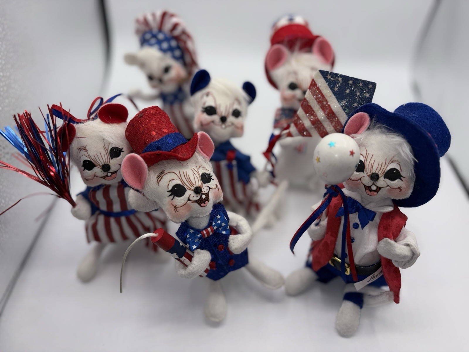 6 Annalee 4th of July Patriotic Felt Mice Dolls Flags Fireworks BBQ