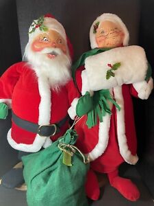 Annalee Santa & Mrs Claus 30" Doll Wood Base 1983 Vintage Christmas Original Tag