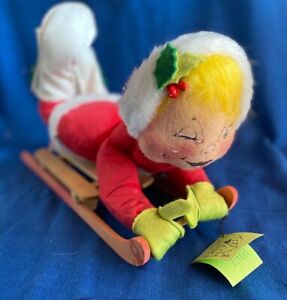 Annalee Mobilitee Doll Christmas Young Boy Child on Sleigh Snow Sled 1980-18"