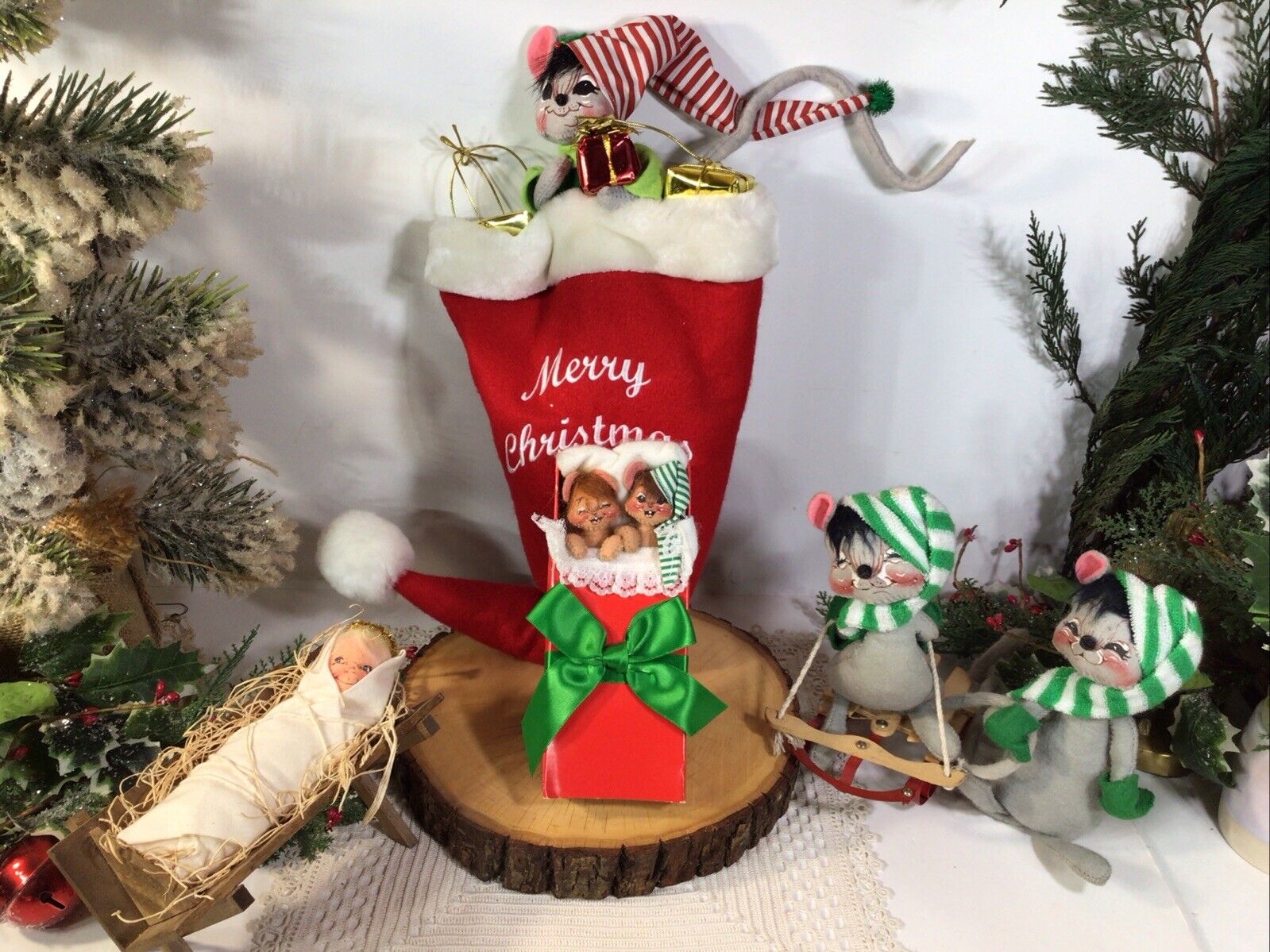 Annalee Christmas Lot Of 5~ Baby Jesus In Manger~Matchbox Mice Sled Stocking