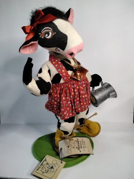 Vtg Annalee Hanna Holstein Cow milk can poseable Meredith NH USA tags 1998 14"