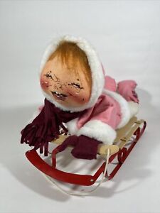 Annalee Mobilitee Doll 5706 Christmas Young Girl Child on Sleigh Snow Sled 1990