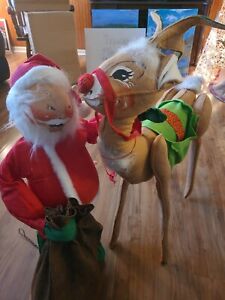 Vintage Rare 1971 Santa Clause 28” w/ Sack & 1970 Rudolph Reindeer 30" with Bags