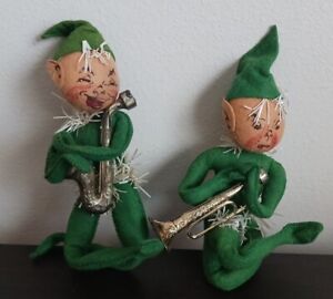 New Listing(2) Early 1955 Annalee 9 1/2" Elves W/ Instruments, All Bends, Tagged, Clean,USA