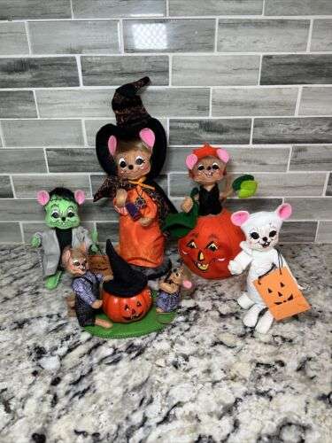 Lot Of 5 Vintage Annalee Halloween Mice Mouse Trick Or Treat Dolls Pumpkins Ext