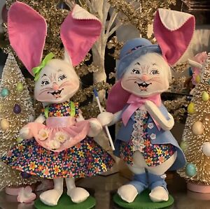 2 Annalee 12" Easter Parade Boy And Girl Bunny Rabbit In Blue Felt NWT 2019-2020