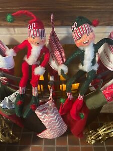 ANNALEE TWO Christmas Elf Dolls 22" White Faux Fur Candy Cane Posable 2005