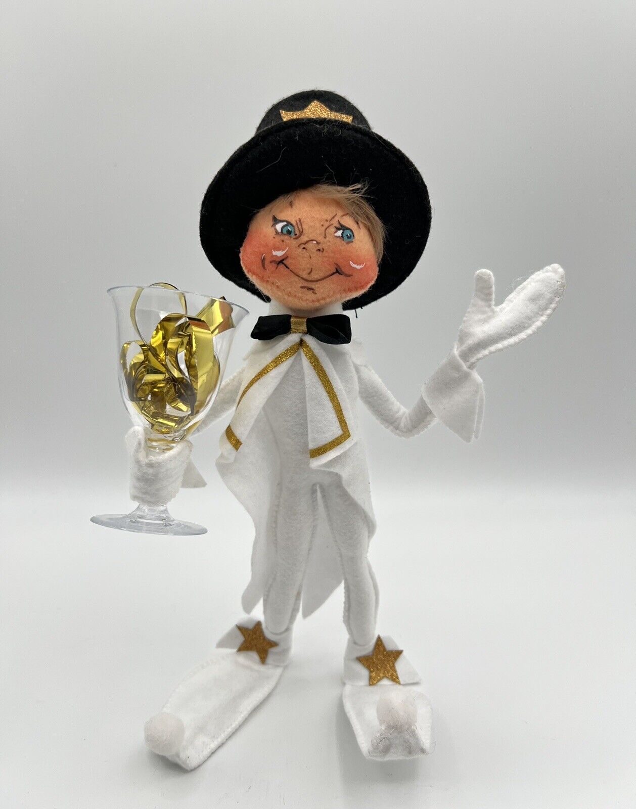 Annalee 12” Happy New Year Elf Doll in White Tuxedo w Champagne 2019