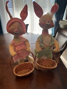 2 Vintage Large Annalee Dolls Bunny Rabbit w basket 1971 21" tall Easter