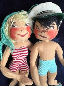 Vintage Annalee Dolls Beach Couple Woven Tags 1950/60's Felt Dolls Meredith NH