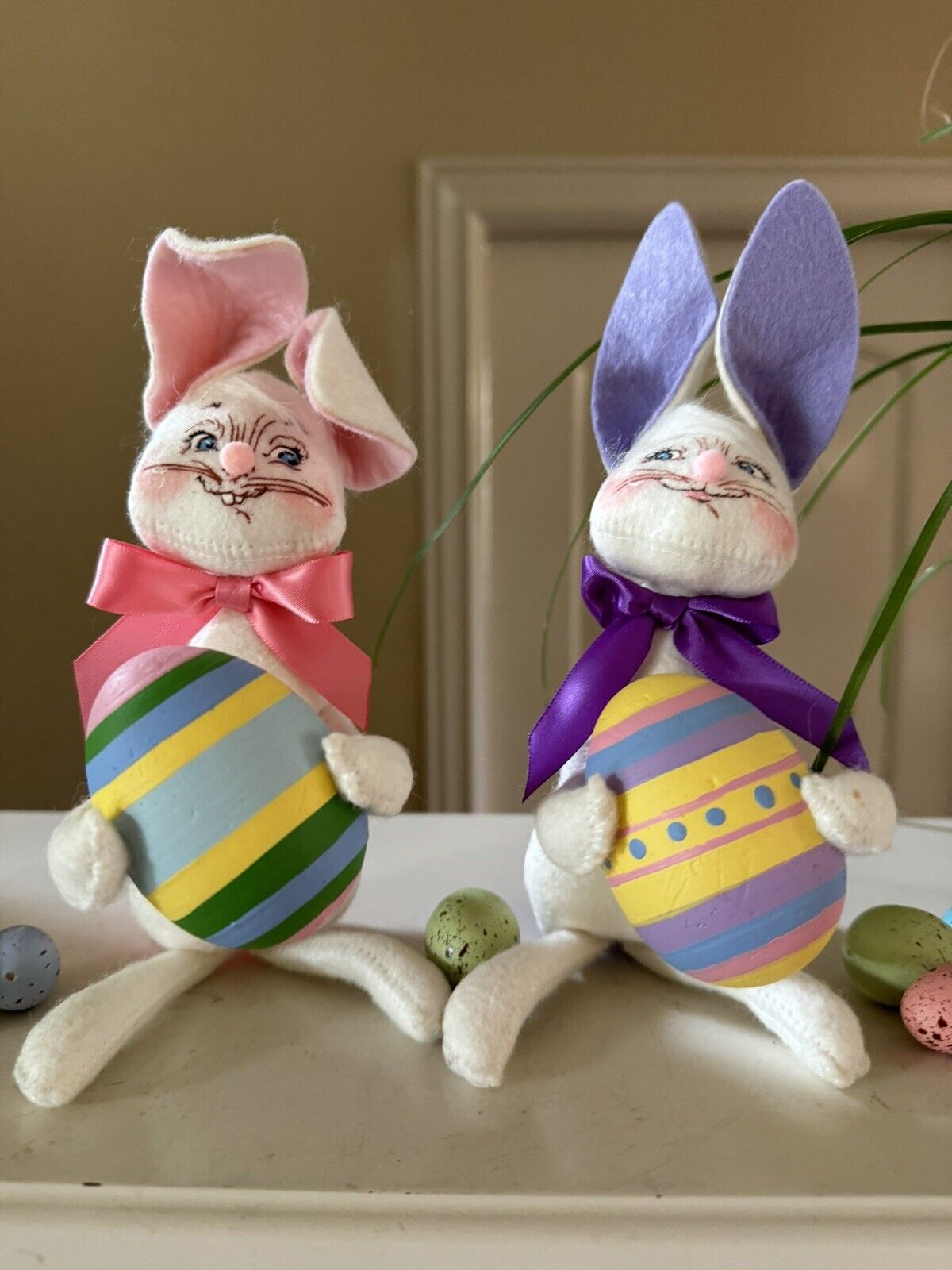 Annalee Doll 6" EASTER Bunny with Egg - Pink #060704 & Lavender PAIR Set 2 Bag