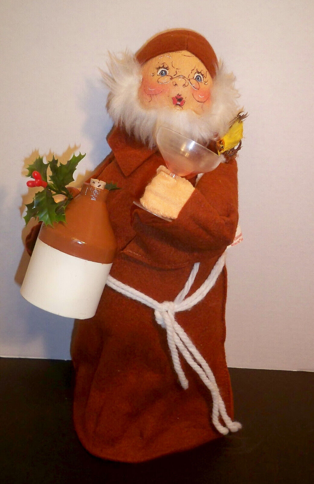Annalee 15" Monk w/ Wine Jug, Bird, Holly + RARE Wine Glass FRIAR 1981 vintage