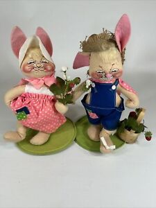 (2) 1989 12" ANNALEE Spring Rabbits Girl Pink Dress/Boy Overalls Strawberries
