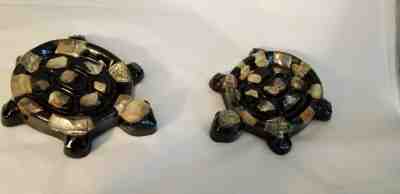 2 VINTAGE RARE SEA TURTLE LUCITE ACRYLIC ABALONE SEA SHELL SOAP DISH ASHTRAY