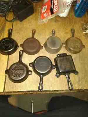 VINTAGE SQUARE GRISWOLD 770 ASHTRAY PLUS 6 MORE MINI CAST IRON PANS/ASHTRAYS