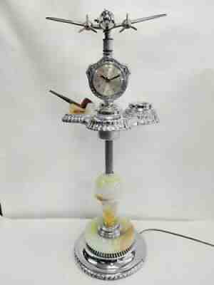 Vtg Art Deco Airplane DC3 Chrome Smoking Ashtray W Pipe Clock Table Cigar Room