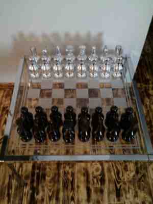 Vintage Avon Chess Set 32 Pieces w/Avon Glass Table 100% Complete