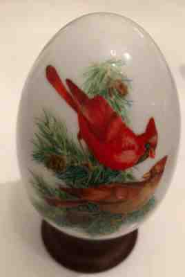 Vtg. 1984 Avon Four Season's "Winter's Bold Beauty" Porcelain Egg on Wood Base