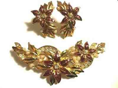Vintage Avon Poinsettia Christmas Brooch & Pierced Earrings Red Glitter Enamel