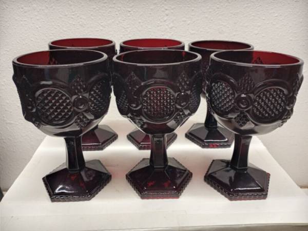 6 Vintage AVON 1876 CAPE COD COLLECTION RUBY RED GLASS 6" WINE GOBLETS