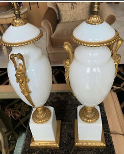 PAIR VINTAGE HOLLYWOOD REGENCY FRENCH OPALINE OPALESCENT GLASS LAMPS GILT BRONZE