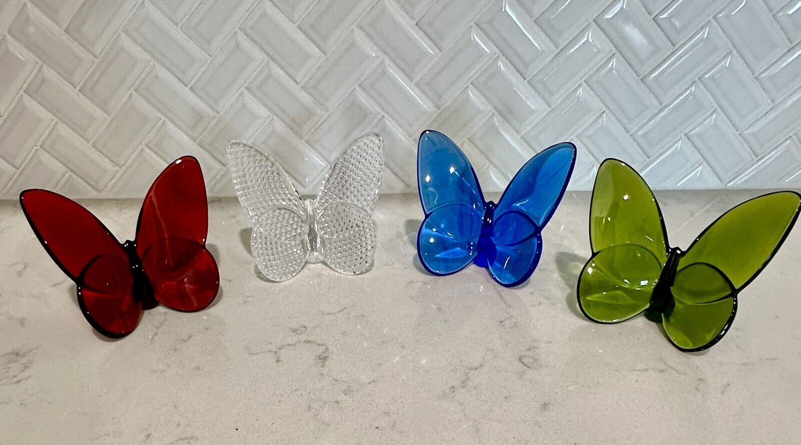 Baccarat Lucky Butterfly, Set of 4 | Red, Green, Blue & Crystal Diamond Cut EUC