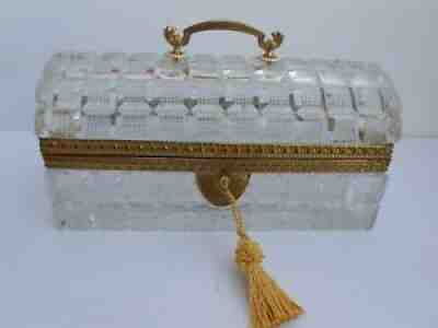 Baccarat French Cut Crystal Jewelry Casket Box Gilt Bronze handle dome Rare 8"