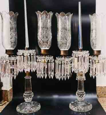 BACCARAT STYLE CRYSTAL GLASS CANDELABRA LUSTERS HURRICANE SHADES PAIR NO RESERVE