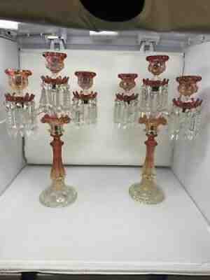 Pair of Baccarat Depose 3 Light Candelabra Rose Tiente Swirl 21" France