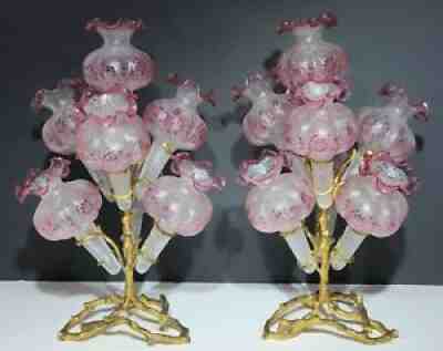 Val St Lambert Acid Etched Cut Cranberry Cameo Glass & Gilt Bronze Epergne Vases