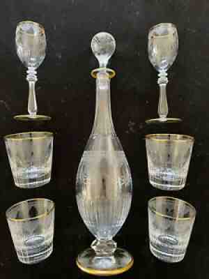 Vintage Baccarat Acid Etched Footed Wine Decanter with Whiskey and Wine glasses