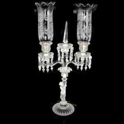 Baccarat Crystal France ENFANT Two Light Candelabra 24" Tall + Hurricane Shades