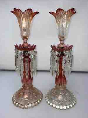 Pair of Baccarat Rose Tiente 15" Lustres France Art Glass Candle Holder